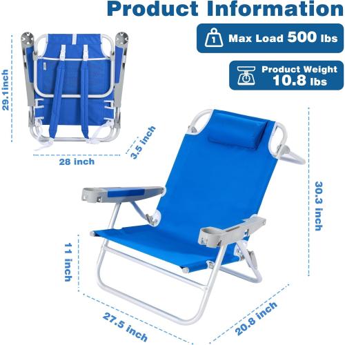 SUNNYFEEL Extra Wide 28 Low Beach Chair 5 Position Lay Flat, XL Oversized Portable Folding Camping Chairs with Cup Holder for Outdoor/Trip, Lightweight Foldable Backpack Beach Chair for Adults