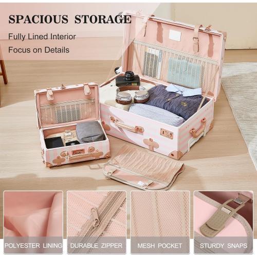 UNIWALKER Vintage Luggage Set, 2 Piece Faux Leather Carry on Suitcase with Spinner Wheels TSA Lock and Cosmetic Train Case for Women, Pink Strip, 20 12