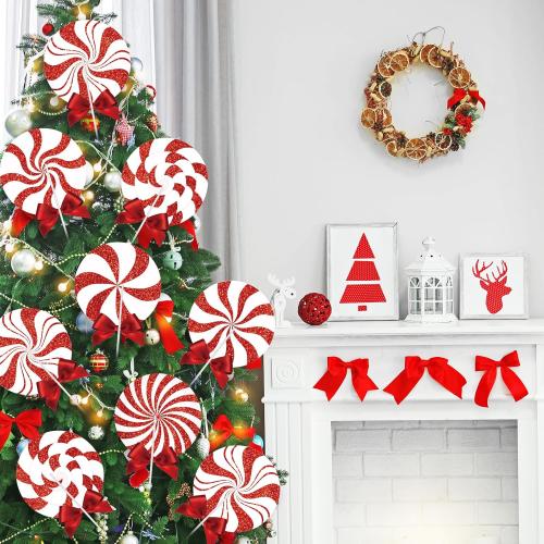 24 Pcs Large Christmas Decorations Indoor: Red White Peppermint Lollipop Christmas Tree Picks Swirl Lollipop Decorations for Xmas Tree Topper Home Office Party Vase Decor