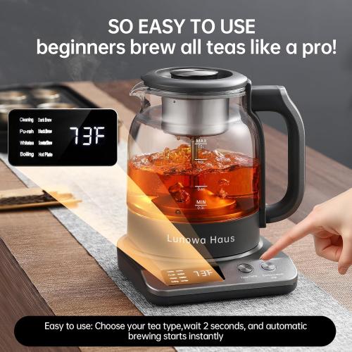 120V Titanium & Glass Electric Tea Kettle, Pro Steam Extraction for All Teas (Green, Black, Oolong), 11 Temp & 10 Strength Levels, 1.2L, 12H Keep Warm, BPA-Free, 1 Infusers
