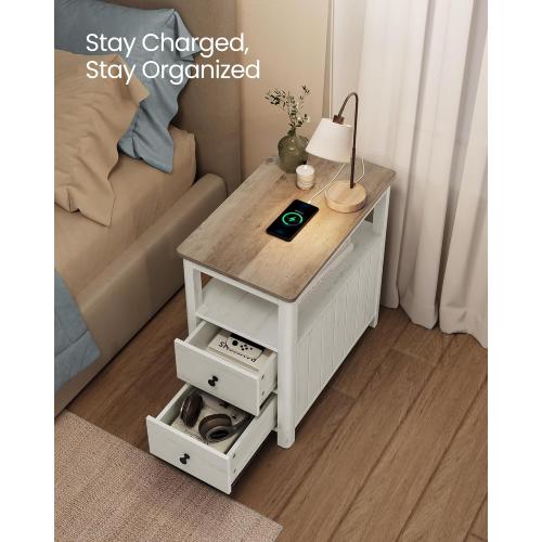 VASAGLE Side Table with Charging Station, Narrow Nightstand with 2 Drawers, Living Room End Table with Storage, for Small Spaces, Coastal Style, Vintage White and Heather Greige ULET322W73