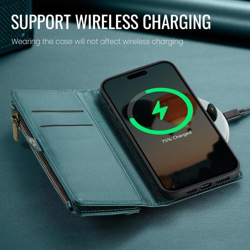 Defencase Compatible with iPhone 16 Case Wallet with RFID Blocking Card Holder for Women Men, Fashion PU Leather Magnetic Snap Flip Zipper Strap Wallet Phone Case for iPhone 16 6.1, Blue Green