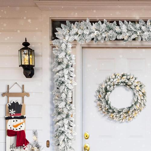 Glitzhome 9ft Christmas Garland for Mantle, Pre-Lit Snow Flocked Christmas Garland with Warm White LED Lights and Timer for Fireplace, Dining Table, Stairs Christmas Decoration