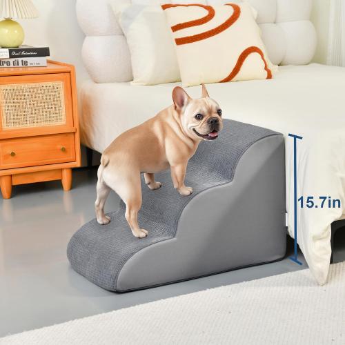 Dog Stairs for Small Dogs 15.7 H, 3-Step Pet Stairs with High-Density Foam, Curved Ramp Design for Puppies, Medium Pets and Older Cats, Dog Steps for Bed, Couch or Sofa, 15.7 × 22.4 × 15.7 Inch, Gray