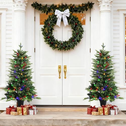 JOYHALO 2Pcs Set 4FT Outdoor Christmas Trees for Porch with 60 Remote Controlled Warm White and Multicolor LED Lights, Pre-lit Potted Christmas Tree with PVC&PE Branches