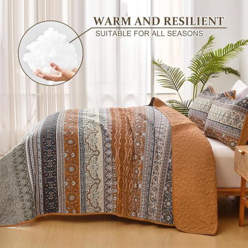 WONGS BEDDING Boho Queen Quilt Set, Brown and Grey Bohemian Quilt Bedding Set, Fall Lightweight Bed Decor Bedspread for All Season Reversible Microfiber Coverlet Bedding Set 96x90(3 Pieces)