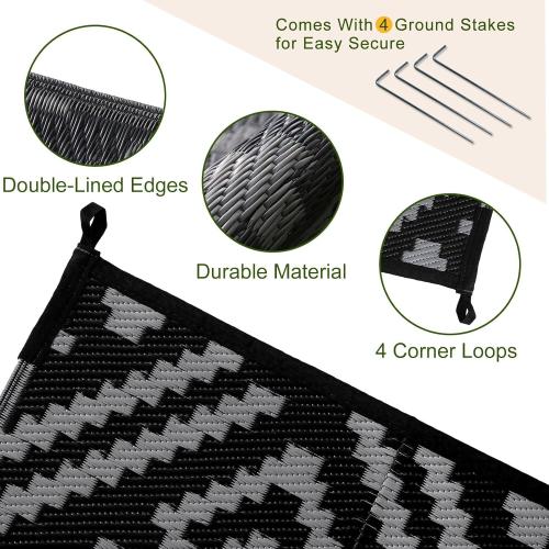 Black and Grey OPPODREAM Outdoor Rug, Waterproof Outdoor Plastic Straw Rug for Patio, Reversible Out Door Carpet for Camping, Deck, Rv, Area Carpet for Balcony, Porch, Backyard, Black and Beige