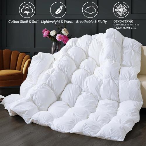 OEKO TEX FULL/ QUEEN® Feather Comforter Queen Size Duvet Insert, Luxurious Fluffy Hotel White Pinch Pleat Bedding Comforter - Ultra Soft All Season 100% Cotton Shell,  90x90 Inch