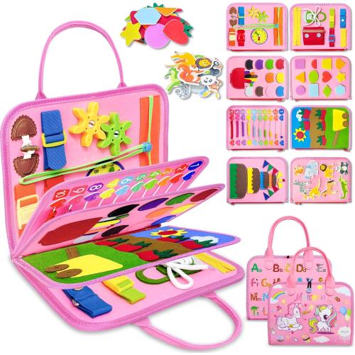 Exorany Busy Board Montessori Toys for Toddler Girl Birthday Gifts, Busy Book Sensory Learning Toys for Toddlers, Toddler Girl Airplane Car Travel Toy Educational Activities