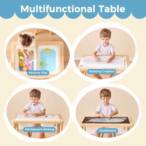 Bateso Sensory Table for Toddlers 1-3 with  Chairs & Roll Paper, Wooden Kid Activity Table Chair Set with Double-Sided Boards and Storage Bins for Sand and Water Play