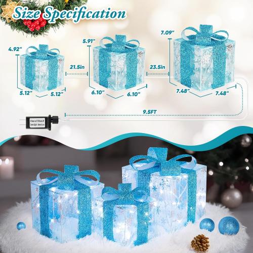 Set of 3 Christmas Lighted Gift Boxes, Indoor Christmas Decor with 60 LED Cool White Mini String Lights, Present Boxes with Bows and Snowflake Design for Xmas Tree Holiday Home Mantel Decor