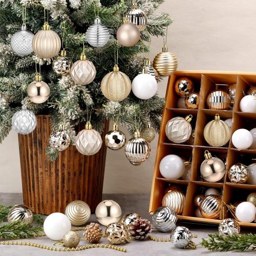 Christmas Ball Ornaments Champagne Gold Silver White Xmas Ornaments Sets 1.6/1.97/2.4 Inch Shatterproof Glitter Xmas Balls Assorted Holiday Neutral Modern Christmas Decor for Tree Home