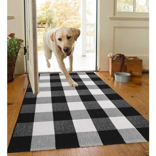 MUBIN Buffalo Plaid Rug 2X3 ft Outdoor Black and White Checked Rug Cotton Reversible Hand-Woven Indoor Washable Entryway Front Porch Decor Rugs for Layered Welcome Front Door Mats