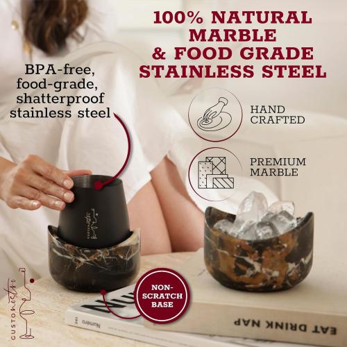 Gusto Nostro Marble Wine Chiller for Glass and Stainless Steel Tumbler Set of 2 - Wine Glass Chiller Holder for Freezer - Cool Set of Two Chillers & Stemless Wine Metal Tumblers for Home, Bar (Black)