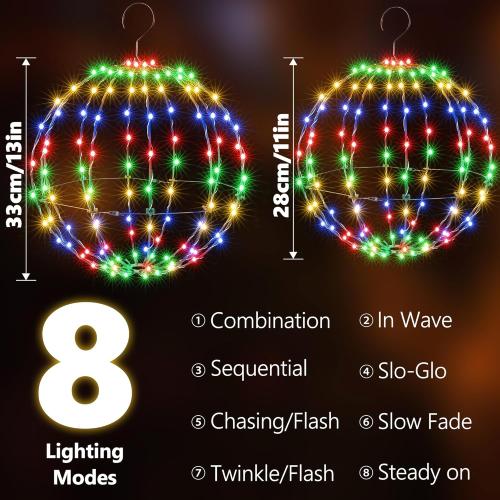 Flacchi Set of 2 Christmas Hanging Ball Lights - 2 Sizes of Connectable Hanging Tree Globe Fairy Lights with 8 Lighting Modes,Timing Function Waterproof Indoor Outdoor (Multicolor)