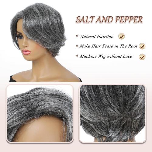 HUA Grey Human Hair Pixie Cut Wigs for Black Women - Mixed 8 Inch Short Salt and Pepper Straight Layered Grey Wigs with Natural Wave