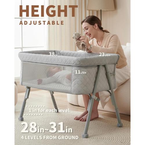 AirClub Bassinet Bedside Sleeper, Baby Crib for Newborn, Baby Bassinets Bedside Sleeper with 4 Auto-Lock & Adjustable Height, Breathable Mesh & Mattress, Bedside Bassinet