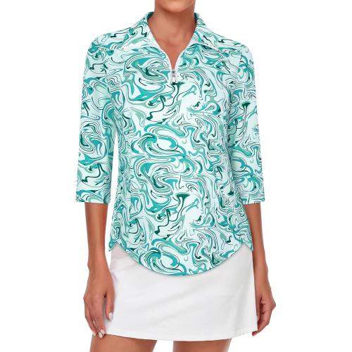 Size L Tanst Sky Womens Golf Polo Shirts Zipper 3/4 Sleeve Moisture Wicking Tops UPF 50  Workout Tennis Apparel