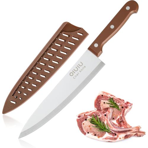 OLULU 8 inch Chef Knife, Razor Sharp Kitchen Knife with Protective Knife Sheath, Razor Sharp Slicing Knife with Ergonomic Handle, German Stainless Steel, Dishwasher Safe (Brown Color)