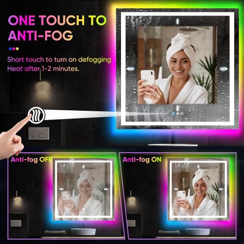 36x36 Inch RGB LED Bathroom Mirror Front Light LED Bathroom Mirror with 3 Colors, Vanity Mirror with Lights, Anti-Fog Wall Mounted, Dimmable Touch Switch Control, Memory Front and Backlit Smart Mirror