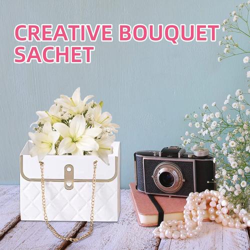 NADUSEP 4 PCS Flower Paper Gift Box, Bouquet Storage Bucket Florist Handbag with Metal Chain, Gift Craft Wrap Bag for Wedding Party Valentine's Day Birthday Mother's Day Bridal Shower Gift Wrap Bags (White Pink)