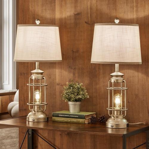 28.5 Retro Industrial Table Lamp for Living Room Bedroom Set of 2 Dimmable Touch Control Bedside Farmhouse Lamps with USB A C Charging Ports and 2 Light Sources