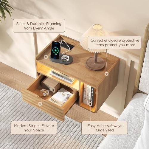 Maupvit Wood Floating Nightstand Set of 2, Wall Mounted Night Stand with Drawer and Charging Station, Bedside Table with Open Shelf, Led Nightstand for Bedroom, Easy Assembly