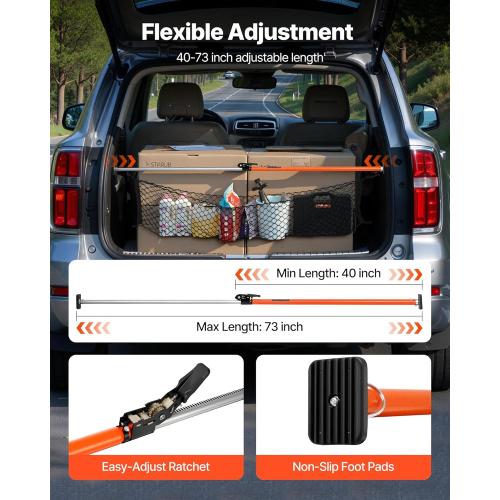 VEVOR Cargo Bar, Ratcheting Cargo Bar Adjustable from 40 to 73, Heavy-Duty Steel Cargos Stabilizer with Storage Net & Non-Slip Foot Pads, Telescoping Load Lock Bars Stop Sliding for SUVs, Sedans