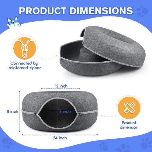 Size 24 x 24 x 11, Dark Grey, 2 PCS Tunnel Bed Peekaboo Cave for Multiple & Large Cats, Scratch Resistant, Washable & Detachable Round Felt Donut Tunnel up to 24 Lbs, 24 x 24 x 11, Dark Grey, 2 PCS