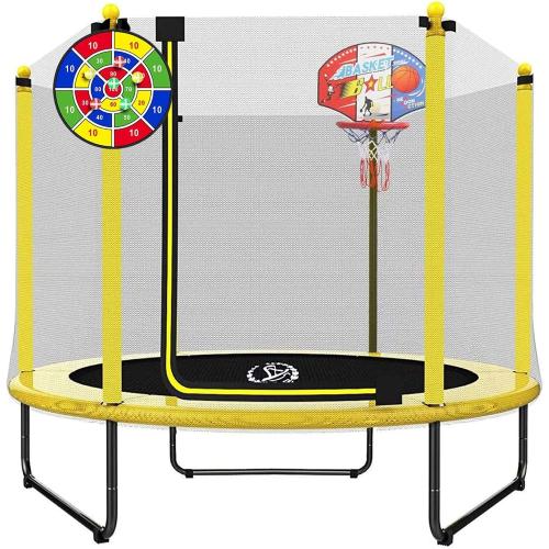 LANGXUN 60 Trampoline for Kids, 5ft Toddler Mini 6-in-1 Trampoline Indoor Outdoor with Swing, Basketball Hoop, Dart Board, Gymnastics Bar, Rings, Christmas Toys Birthday Gifts for Girls Boys Age 3-8