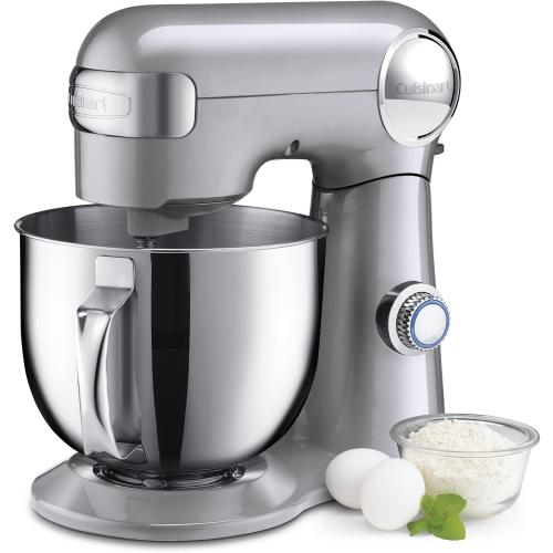 Cuisinart Stand Mixer, 12 Speeds, 5.5-Quart Mixing Bowl, Chef's Whisk, Flat Mixing Paddle, Dough Hook, and Splash Guard with Pour Spout, Silver Lining, SM-50BCNAS, Silver Lining