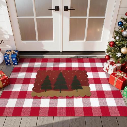 OJIA 2PCS Christmas Rug Door Mat Combo Set, Imitation Coir Doormat   3'x5' Red and White Plaid Rug Xmas Washable Outdoor Area Rugs Layered Door Mats Floor Carpet for Porch Patio Decor Outside Entry