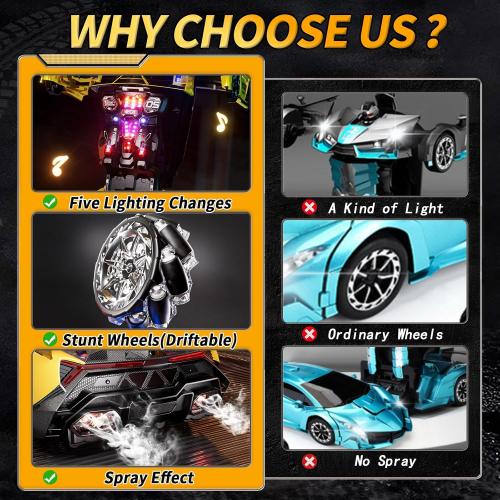Victory Infinity Power 1:10 Big Size Transform RC Car, Gesture Sensing Transformation 2.4GHz Remote Control Car, One Button Deformation to Robot with LED Lights, Transforming Toy Cars Gift for Kids Age 8-12 Years Old Boys
