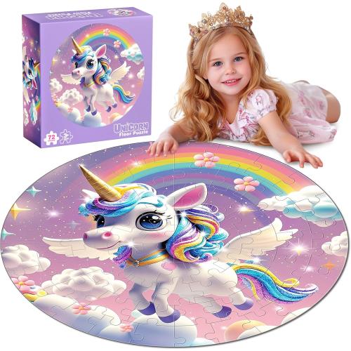 72 Pieces Shimmery Jumbo Unicorn Floor Puzzle for Girls 3-5 4-6 Age Floor Puzzles for Boys and Girls Large Round Floor Jigsaw Puzzles (Unicorn)