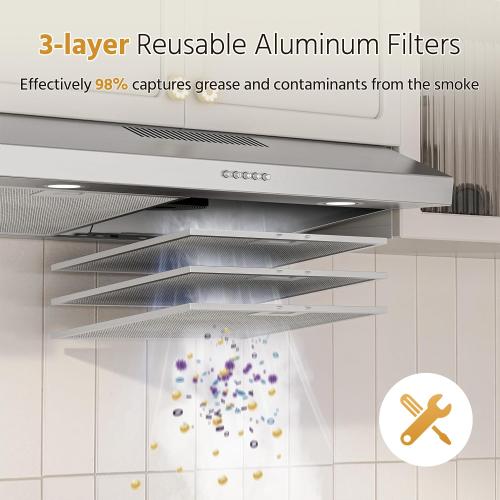 FIREGAS 30 Inch Under Cabinet Range Hood with Quiet Brushless Motor, 300CFM Ducted/Ductless Convertible Vent Hood, 3 Speed Exhaust Fan, LED Light & Reusable Filter, Stainless Steel Kitchen Stove Hood