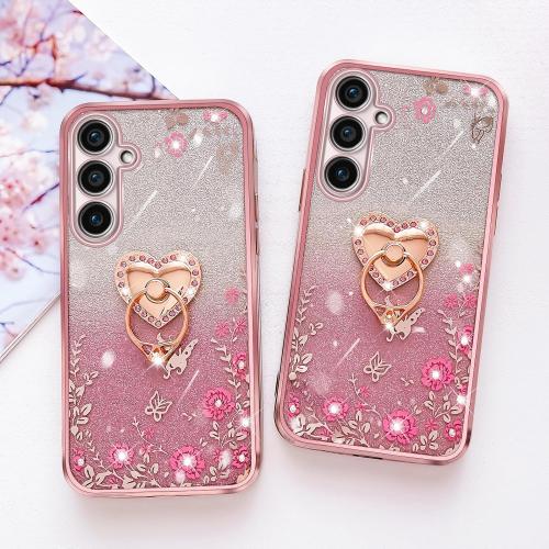 for Galaxy S23-FE Case, Samsung S23 FE Phone Case TPU Crystal Butterfly Heart Floral for Women Magnetic Shockproof with Kickstand [Glitter Card & Strap] Protection Cover for S23 FE 5G (Glitter Rose)