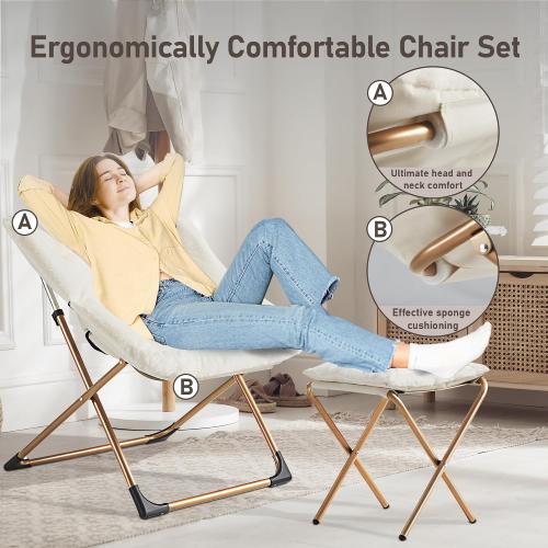 Youtanic Comfy Oversized Saucer Chair with Ottoman,Soft Faux Fur Reading Lounge Chair for Adults,Stable X-Large Metal Frame and Non-Slip Pad,Cozy Chair for Bedroom, Living Room, Dorm, Office, Beige