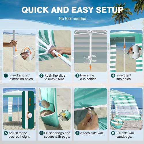 Rhino Valley Beach Cabana, 8 * 8FT Beach Tent UPF50  Protection, Easy Setup Beach Canopy Wind Resistant with Cup Holder, Compact Beach Shade Foldable Beach Tent Sun Shelter, Green White