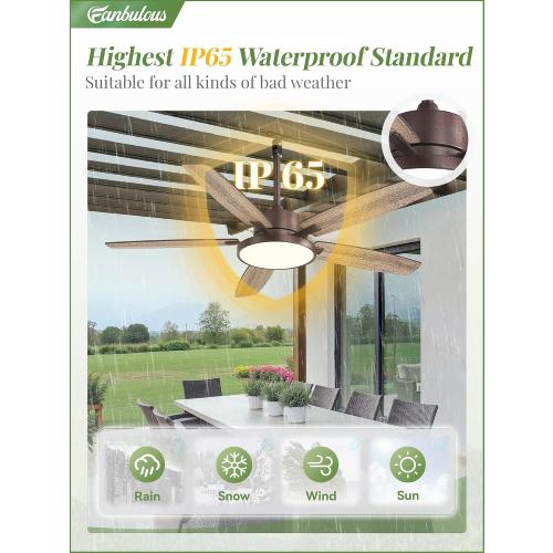 52 Outdoor Ceiling Fan with Light IP65 Outdoor Fans for Patio Waterproof