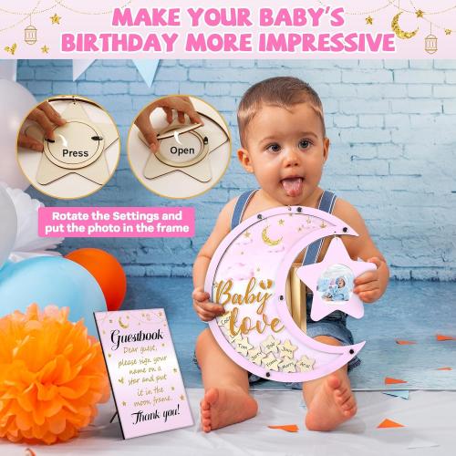 Baby Shower Guest Book Alternatives Moon Guest Book for Baby Shower Guest Book Frame with Star Baby Shower Decorations Guest Book Alternative for Wedding Boys Girls Birthday Party Keepsake(Pink)