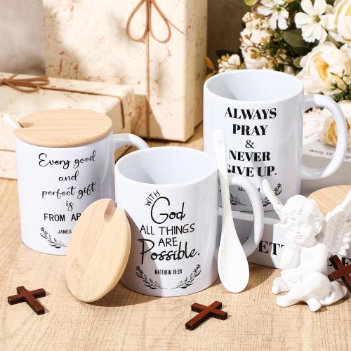 12 Sets Christian Gifts Bulk Religious Mugs 12oz Bible Verses Ceramic Coffee Cup with Lid Handle Spoon Inspirational Mug Church Gift for Coworker Employee Staff(Christian)