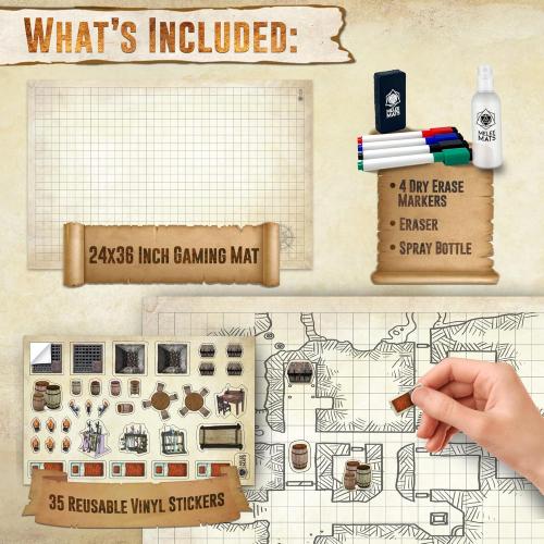 Melee Mats DND Map Starter Kit for Dungeons & Dragons Game - 24” x 36, Wet/Dry Erase Battle Terrain Grid - Ultimate Tabletop Gaming Experience with Accessories