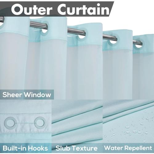 River Dream Extra Long No Hook Slub Textured Shower Curtain with Snap-in PEVA Liner Set - 71 x 86(84), Hotel Style with See Through Top Window, Blue Fabric Curtain & Waterproof Liner, Blue, 71x86