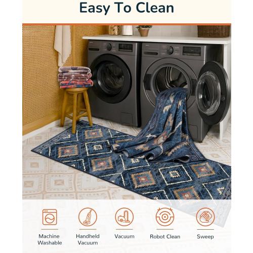 Area Rug 5x7 Rug Machine Washable Non-Slip Low Pile Print Pattern Western Rug for Living Room Bedroom Entryway Tribal Series -Darkblue
