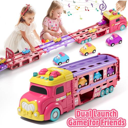 Carrier Truck Toys for Kids, Princess 3.8-FT Foldable Hauler Track Ejection Car and 6 Carton Car with Light&Sounds, Truck Toy Child Toys for 3 4 5 6  Year Old Girls-Pink