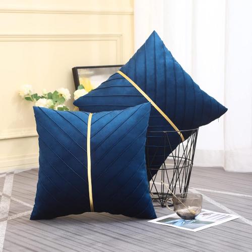 Tosleo Navy Blue Pillow Covers 18 x 18 inch Pack of 2 with Gold Leather Soft Velvet Throw Pillow Covers Decorative Couch Pillowcases Luxury Modern Pillow Cover Spring Home Decor
