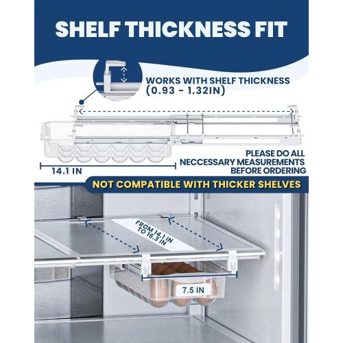 Skywin TidyFriend Refrigerator Egg Drawer 14x7.5x3.95 – Snap-On Egg Holder with Pull-Out Drawer, Holds 18 Eggs, Fits Flat Fridge Shelves 14.1–16.3 in Long and 0.93–1.32 in Thick