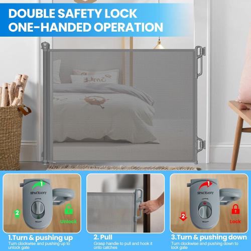 Grey Retractable Safety Baby Gate or Mesh Dog Gate,Durable Portable Mesh Retractable Gate,Easy to Use for Stairs, Doorways, Hallways, Indoor, Outdoor, 33.5 Tall, Up to 45 Wide, Gray