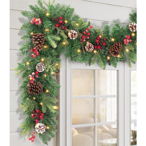 Pre-lit Christmas Garland 9FT with 100 Warm Lights, Battery Operated Xmas Garland with Pine Cedar Cones & Red Berries, Christmas Decoration for Mantle Fireplace Stair Railing Porch