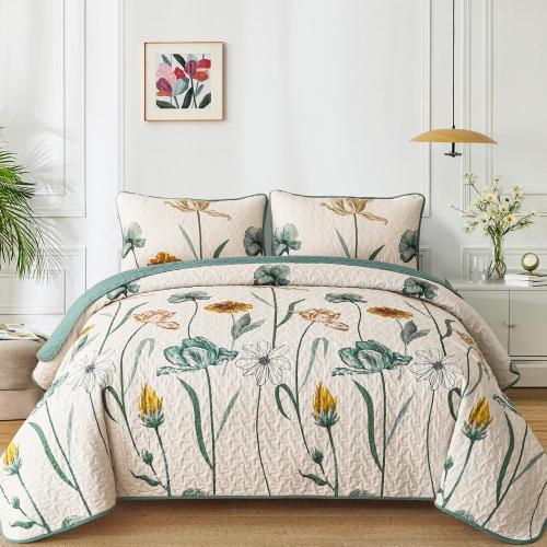 WONGS BEDDING Floral Quilt Set King,Green Yellow Printed Botanical Bedspread Bedding Set with 2 Pillowcase,Spring Summer Lightweight Farmhouse Coverlet Set for All Season (104x90)